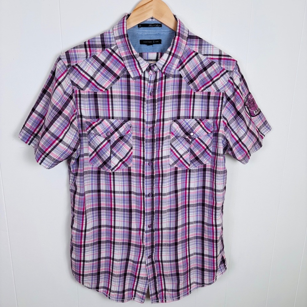 Twentyone Button Down Shirt Plaid Short Sleeve Western Style Pearl Snap Mens M‎